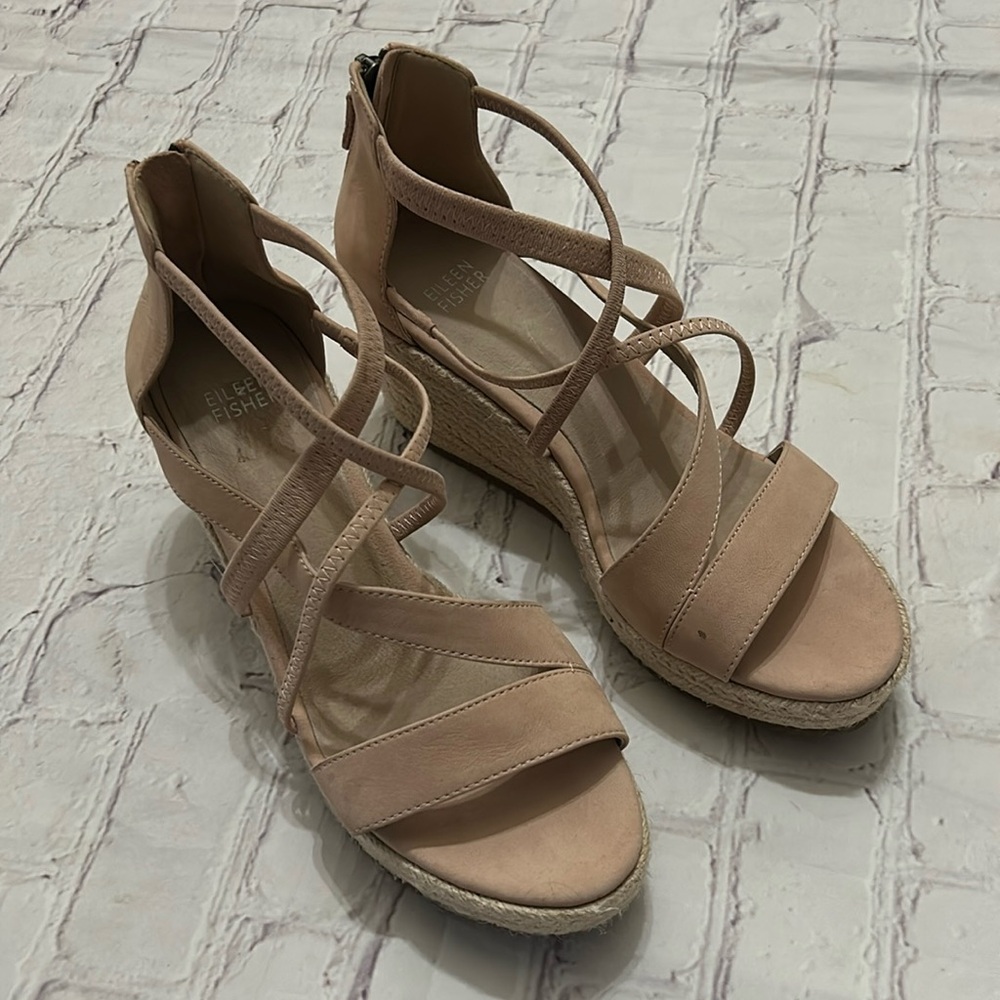 Eileen Fisher Women’s Wanda Strappy Wedge Leather Espadrille Neutral Beige 7.5